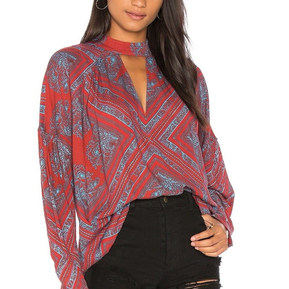 Free People Women's Walking On a Dream Choker Tunic Top Blouse, Size XS Red